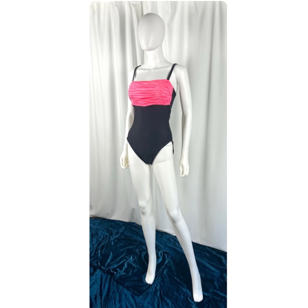 Vintage 1980’s ‘La Blanca’ Hot Pink + Black Rushed One Piece Bathing Suit • L/XL - Picture 7 of 10